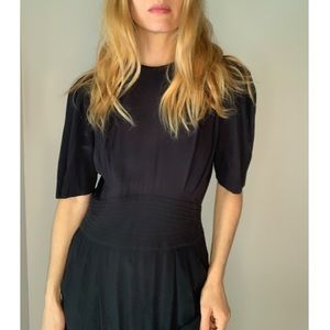 Vintage 80s 90s LBD Silk Black Liz Cummerbun Pockets Dress